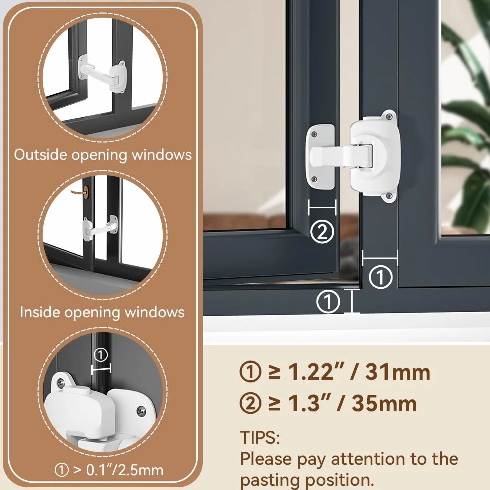 EUDEMON Cerradura de seguridad para ventanas para bebés, limitador de ventanas a prueba de niños, pestillo de cerradura ajustable para marcos de ventanas de aluminio y madera (Blanco, 2 Piezas)