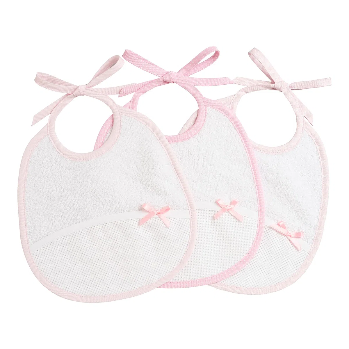 Filet - Set de 3 Baberos Recién Nacido en Esponja de Algodón Blanco con Bolsillo en Tela Aida de Bordar, Protege los Vestidos Contra Comida y Regurgitación
