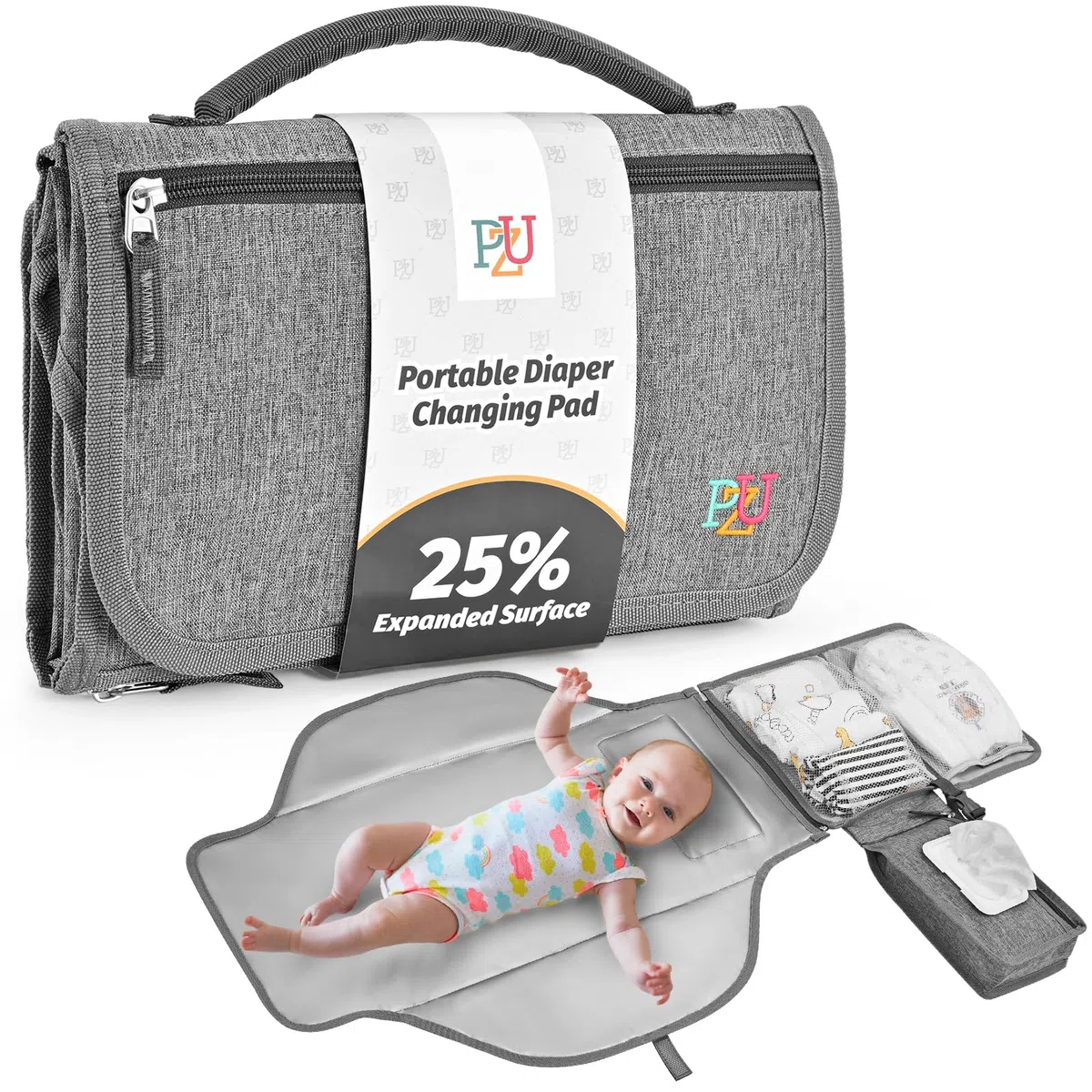 Cambiador portátil bebé - Cambiador viaje bebé con bolsillo para toallitas y cojín para la cabeza, impermeable, extraíble - Regalo ideal para recién nacido (Gris)