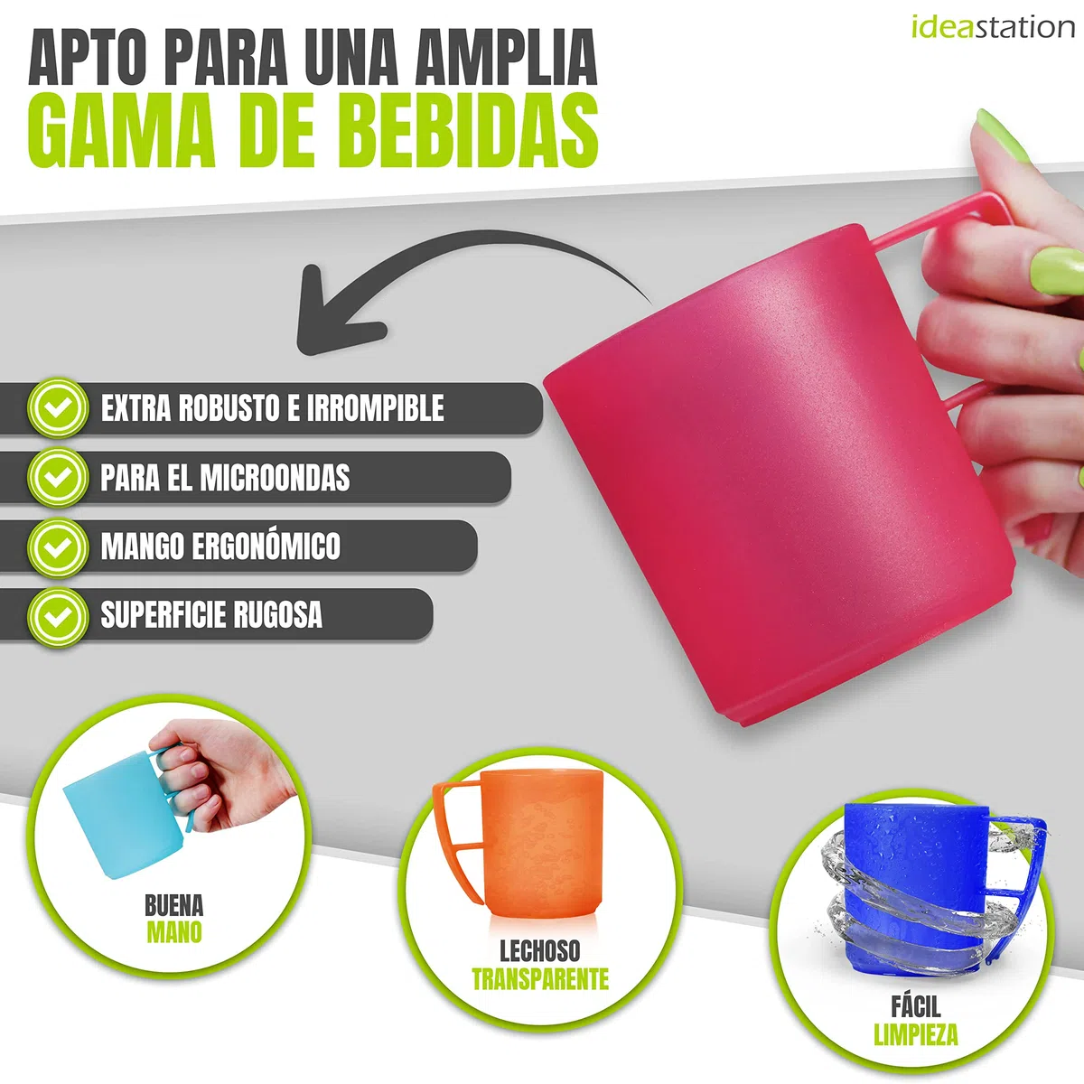 NEO Juego de 6 tazas de plástico para camping, 6x 350 ml - COLORES - taza de café o té irrompibles - tazas de plástico con asas ideales para llevar, vajilla camping