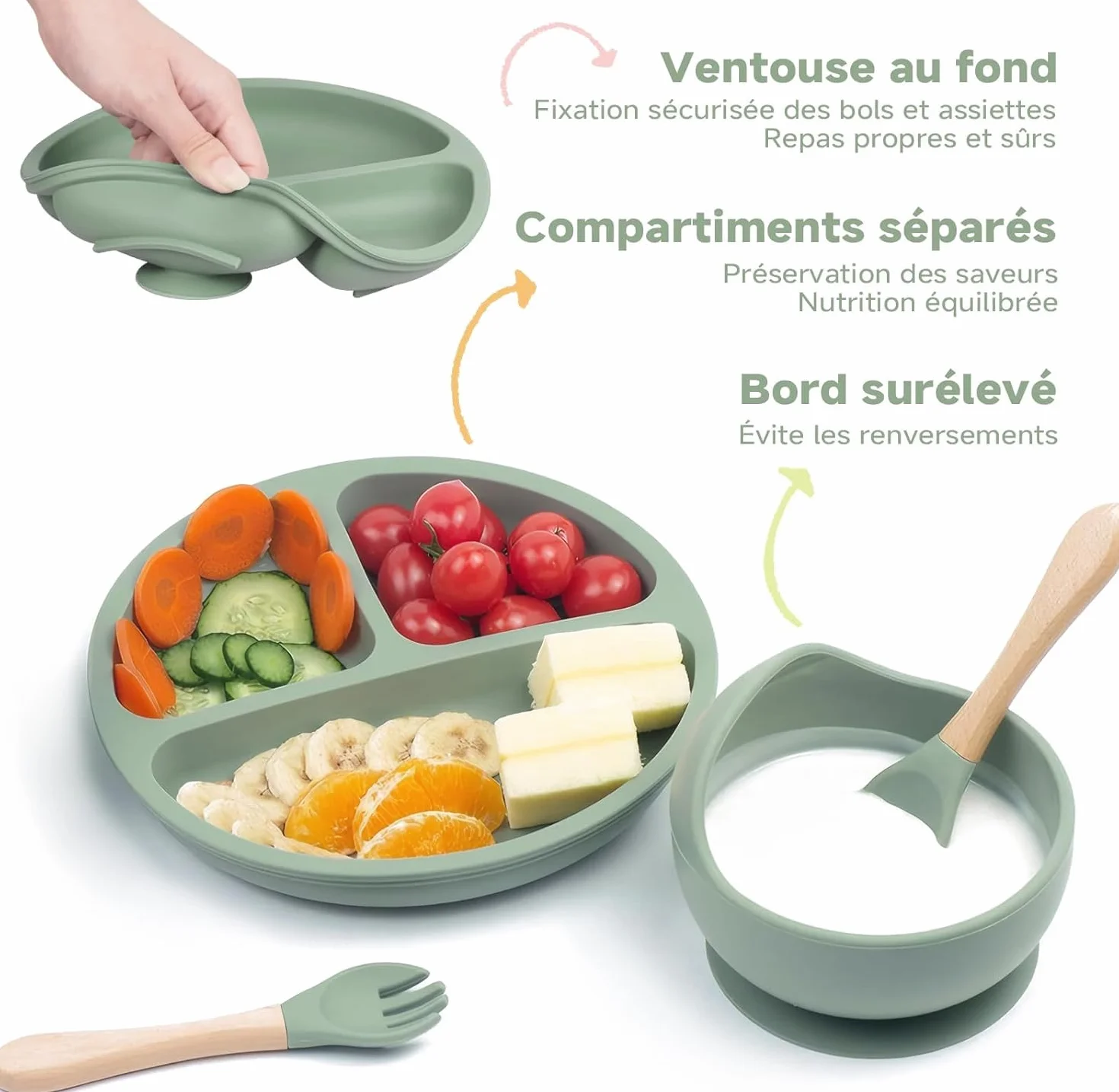 Cubiertos Bebe, 8 Piezas, Vajilla bebe Silicona, Platos Bebe con Ventosa, Vajilla Infantil, Baby Led Weaning, Cuchara Bebe, Babero Silicona Bebe, Vaso Bebe, Cubiertos Infantiles, Verde