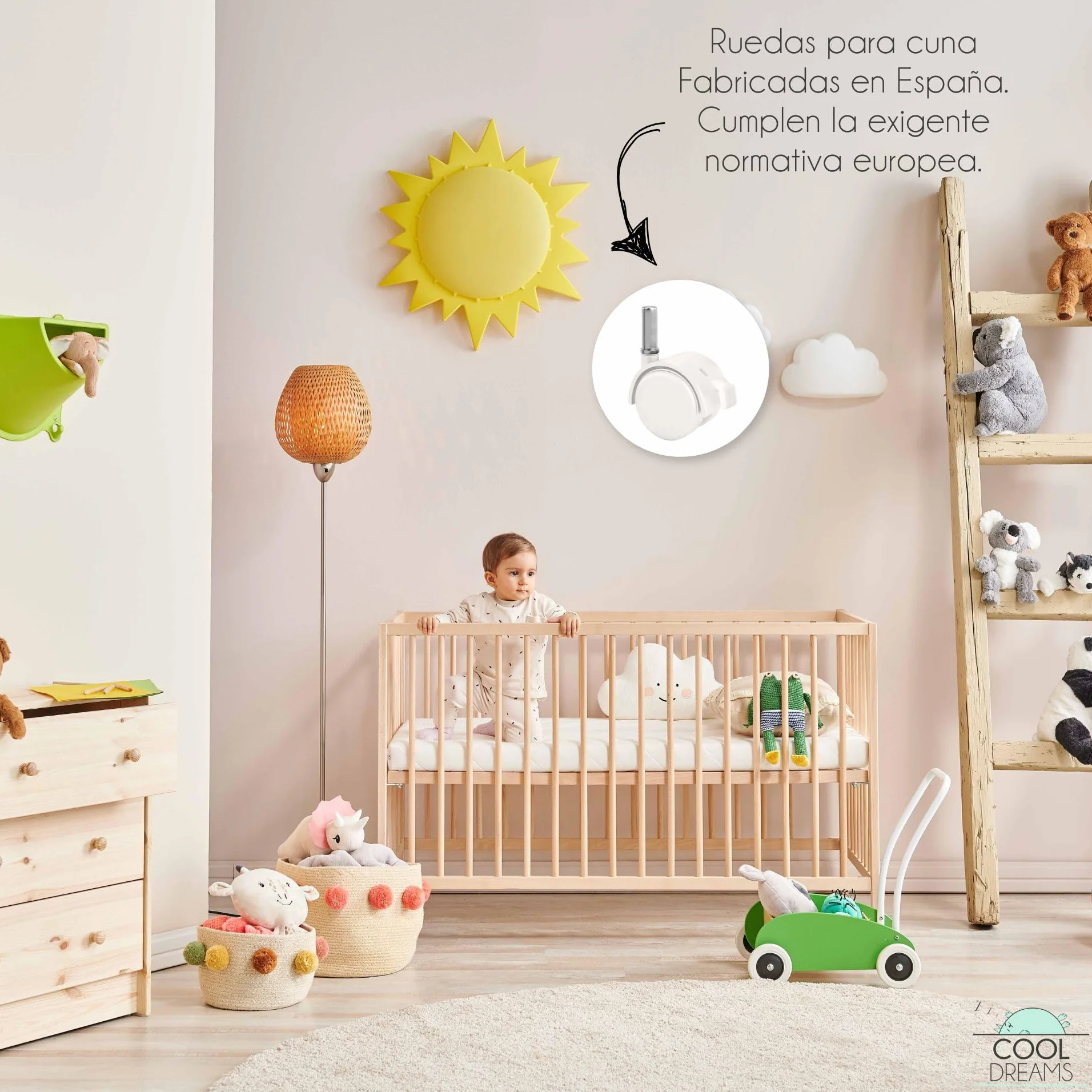 Ruedas para Cuna con Enganche en Espiga. Juego 4 Unidades de Rueda con Freno para más Seguridad + 4 Tacos para Unir a la Cuna. Blancas CoolDreams