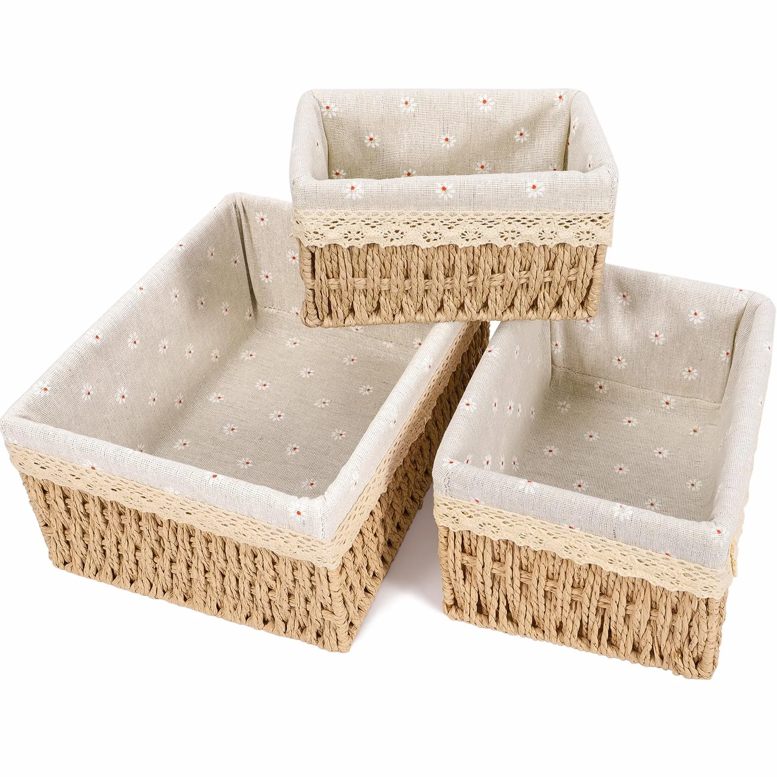 Cestas Tejidas de Almacenamiento con Forro Desmontable, Cesta de Juguetes y Baño, Beige L+M+S