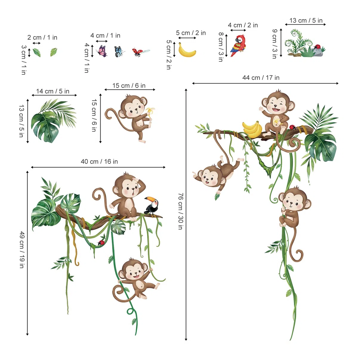 decalmile Pegatinas de Pared Animales de la Jungla Mono Vinilos Decorativos Mono Vid Hojas Rama de árbol Adhesivos Pared Habitación Infantiles Niños Bebés Guardería