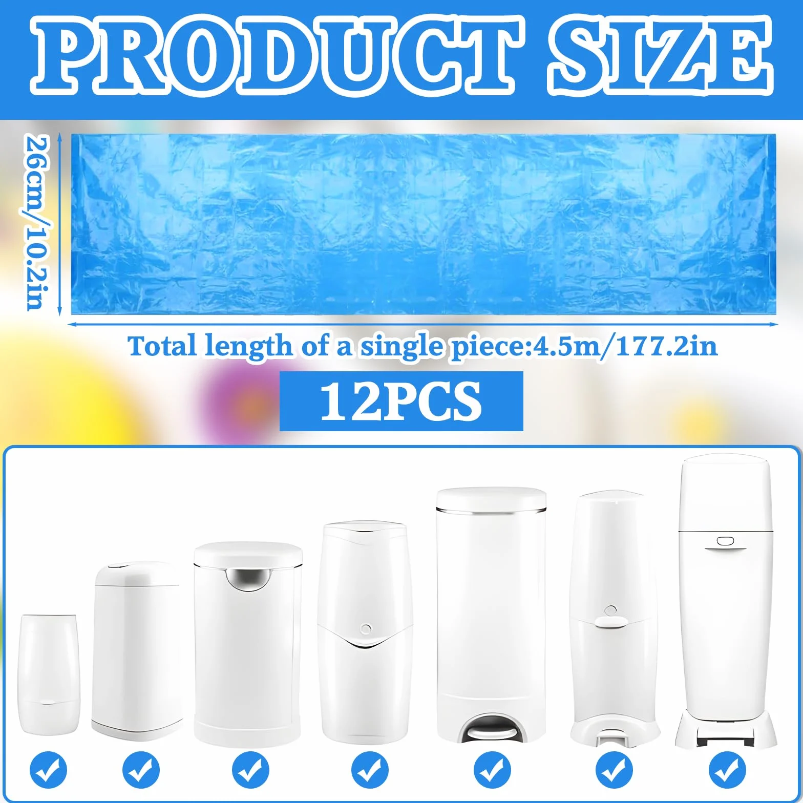 12 Piezas Recambios Cubos de Pañales 4,5 M, Antiolor Recambios de Papelera Pañales Bebe, Gran Capacidad Antiodor Bolsas Pañales Recambios, compatible con todos contenedores de pañales, Azul