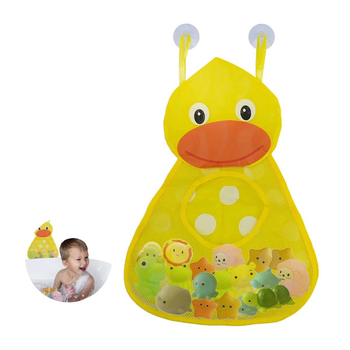 Kikuo Organizador de almacenamiento de juguetes para el baño del bebé, soporte para juguetes para la bañera, red para juguetes para bebés, pato amarillo con 2 ventosas fuertes