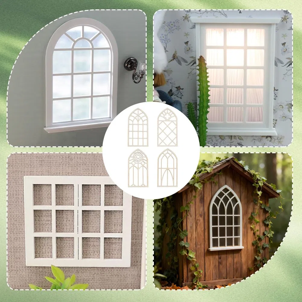 PH PandaHall 4 estilos de recortes de madera para ventana, 20 piezas de rebanadas de madera sin terminar, ventanas en miniatura en blanco, mini ventanas de casa de hadas para manualidades, cumpleaños