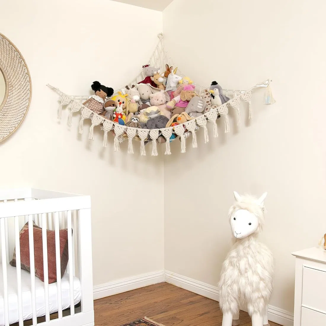 Hamaca de juguete, red de almacenamiento de animales de peluche, macramé, bohemio, soporte para juguetes de peluche, organizador colgante para dormitorio