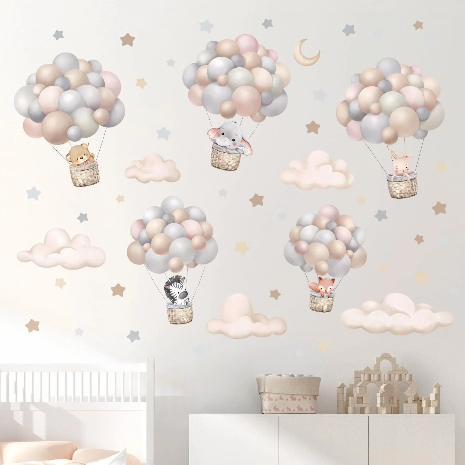 wondever Pegatinas de Pared Globos Animales Adhesivos Pared Decorativos Elefante Oso Conejo Nubes Vinilos Pared para Habitación Infantiles Niños Bebés Guardería