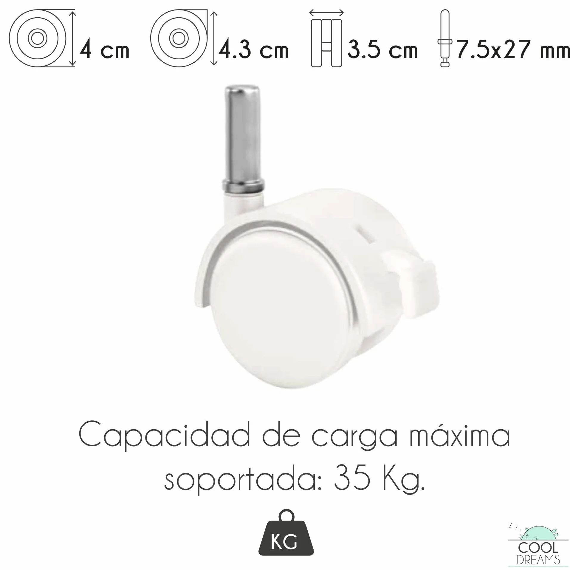 Ruedas para Cuna con Enganche en Espiga. Juego 4 Unidades de Rueda con Freno para más Seguridad + 4 Tacos para Unir a la Cuna. Blancas CoolDreams
