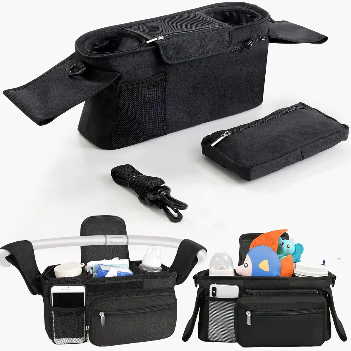 Organizador de cochecito universal con portavasos aislado, portavasos, bolsa para cochecito Accesorios para niños con bolsillo con cremallera, correa para todos