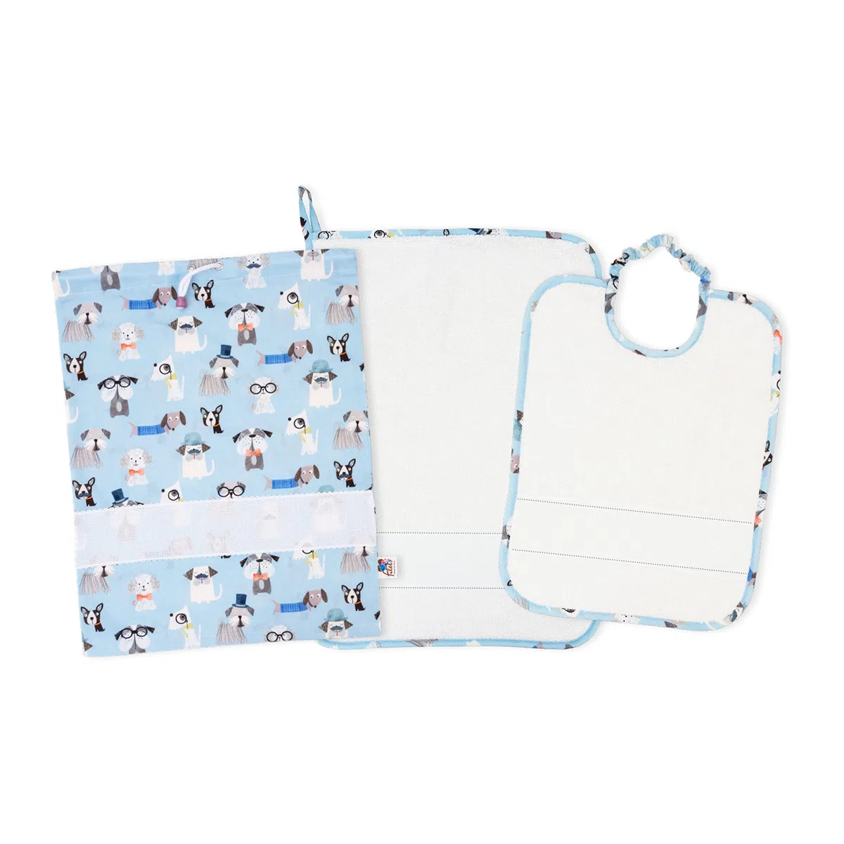 Filet - Set De Guardería Tres Piezas Bordable, Compuesto de Babero con Elástico, Toalla, Bolsa para el Cambio y Bolsa Portabebés/Babero, Made in Italy, Fantasía Perritos Fondo Azul