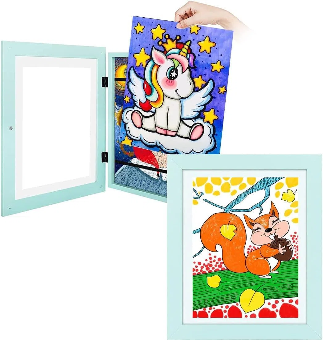 Marco Dibujos Infantiles, Marco de Fotos Infantil con Apertura Frontal A4, Marco Plegable Rellenable para Guardar y Mostrar Dibujos Infantiles, GaleríA Familiar, borde azul