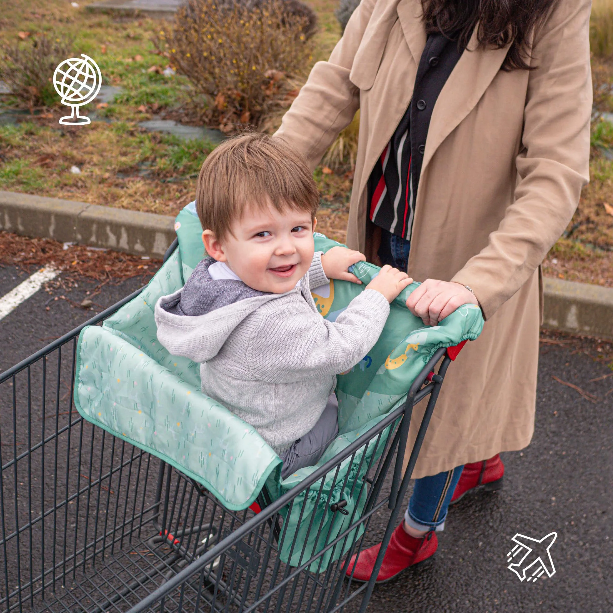 Badabulle Protector de asiento de carro de compra para niños - Universal - Bolsillo de almacenamiento integrado y juguete sensorial - Espacio de almacenamiento ultracompacto