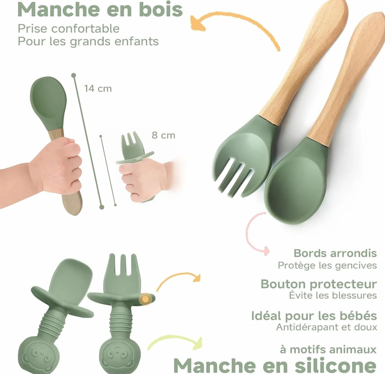 Cubiertos Bebe, 8 Piezas, Vajilla bebe Silicona, Platos Bebe con Ventosa, Vajilla Infantil, Baby Led Weaning, Cuchara Bebe, Babero Silicona Bebe, Vaso Bebe, Cubiertos Infantiles, Verde